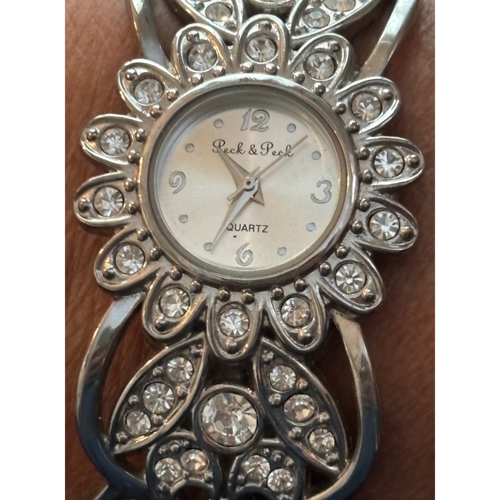 Peck & Peck Silver Tone Rhinestone Floral Cuff Watch Quartz Analog Dressy - Picture 2 of 5